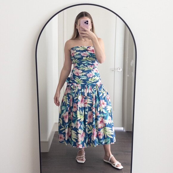 Victor Costa Vintage Floral Drop Waist Tulle Strapless Dress 1980s Lord & Taylor - Picture 2 of 11